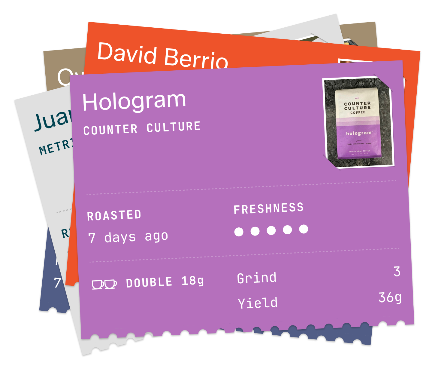 Stack of bean cards showing dose, grind, and yield