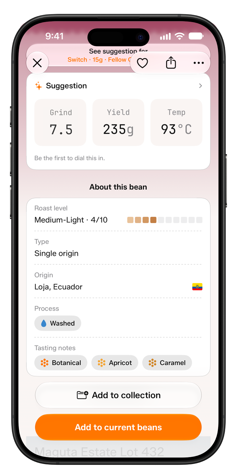 About this bean section for a coffee from Loja, Ecuador, showing roast level, type, origin, washed process, and tasting notes of botanical, apricot, and caramel