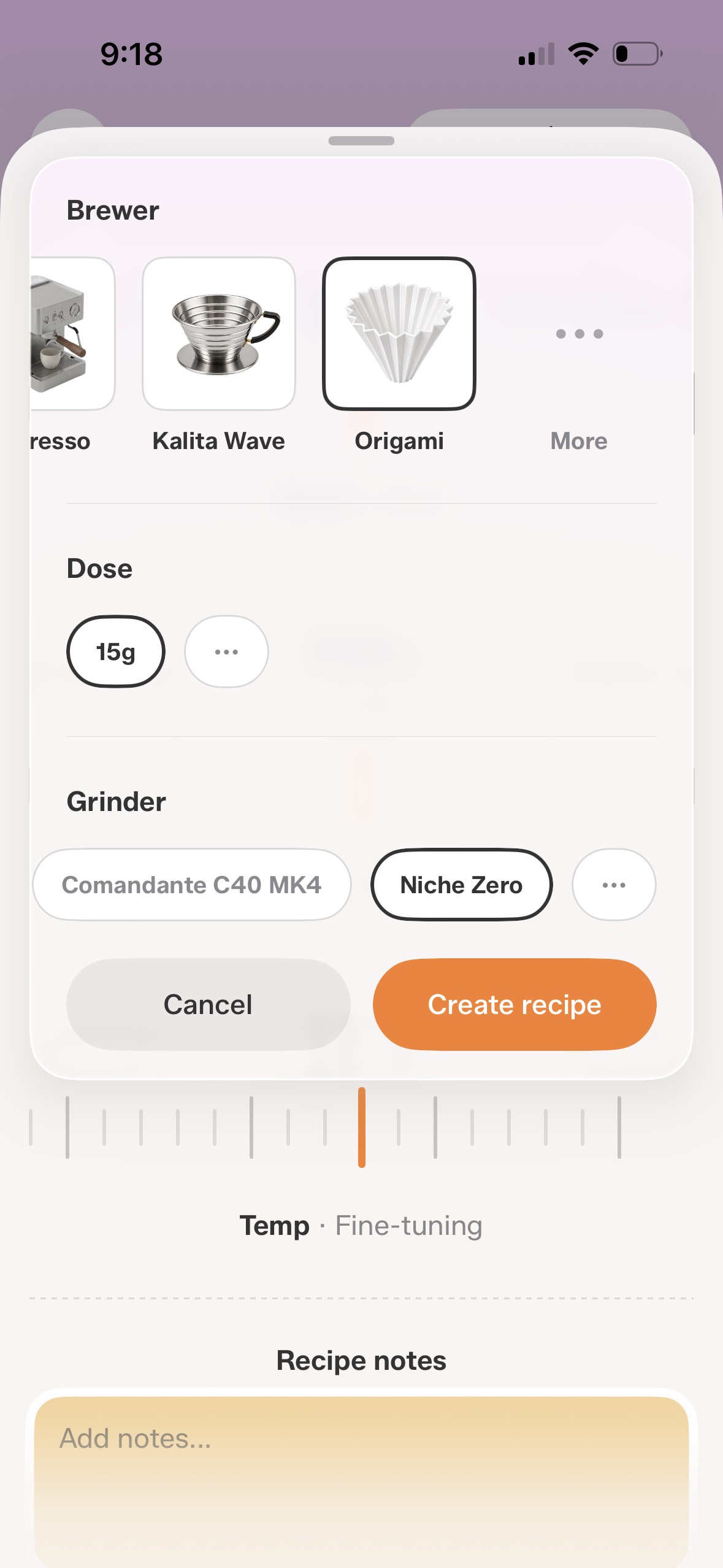 Creating a recipe by choosing a brewer, dose, and grinder