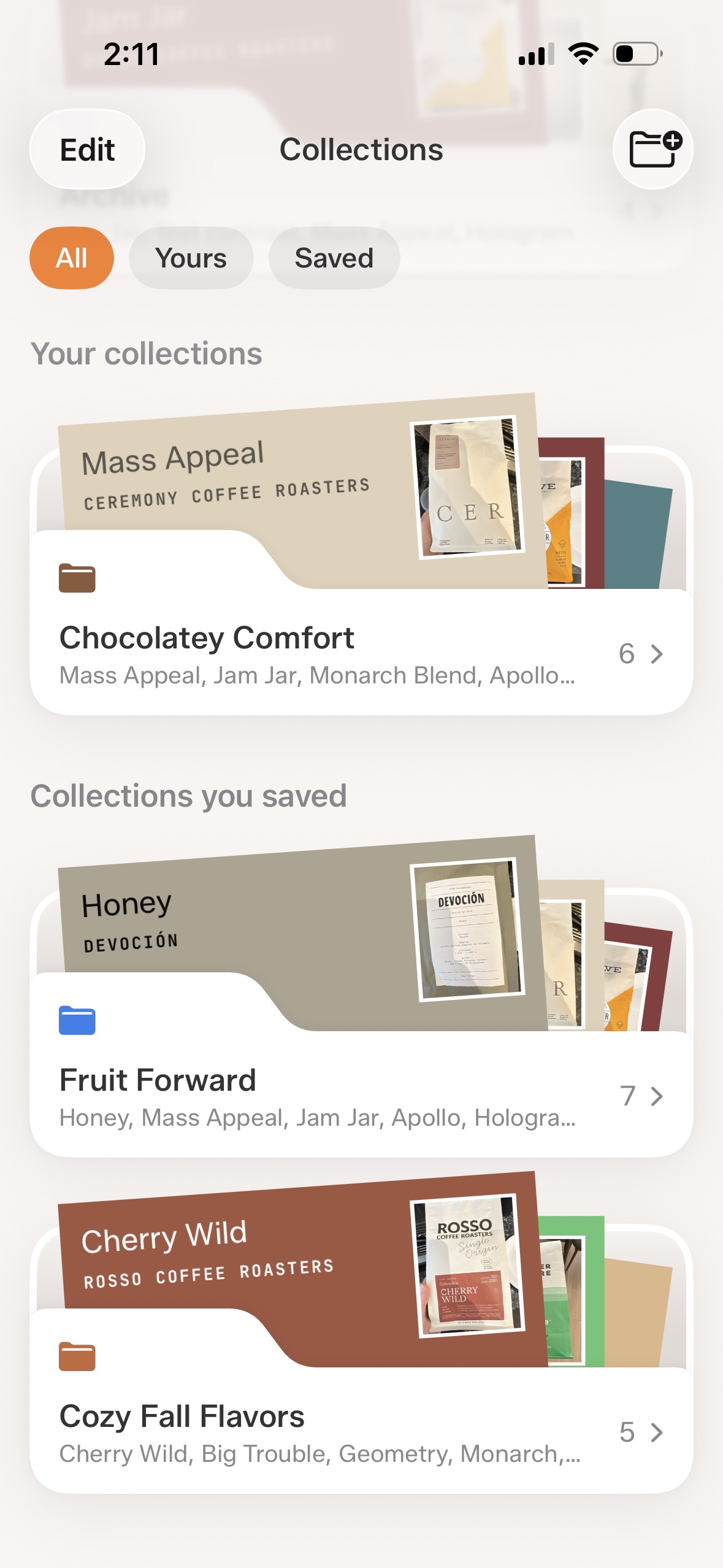 Collections screen showing Your collections and Collections you saved