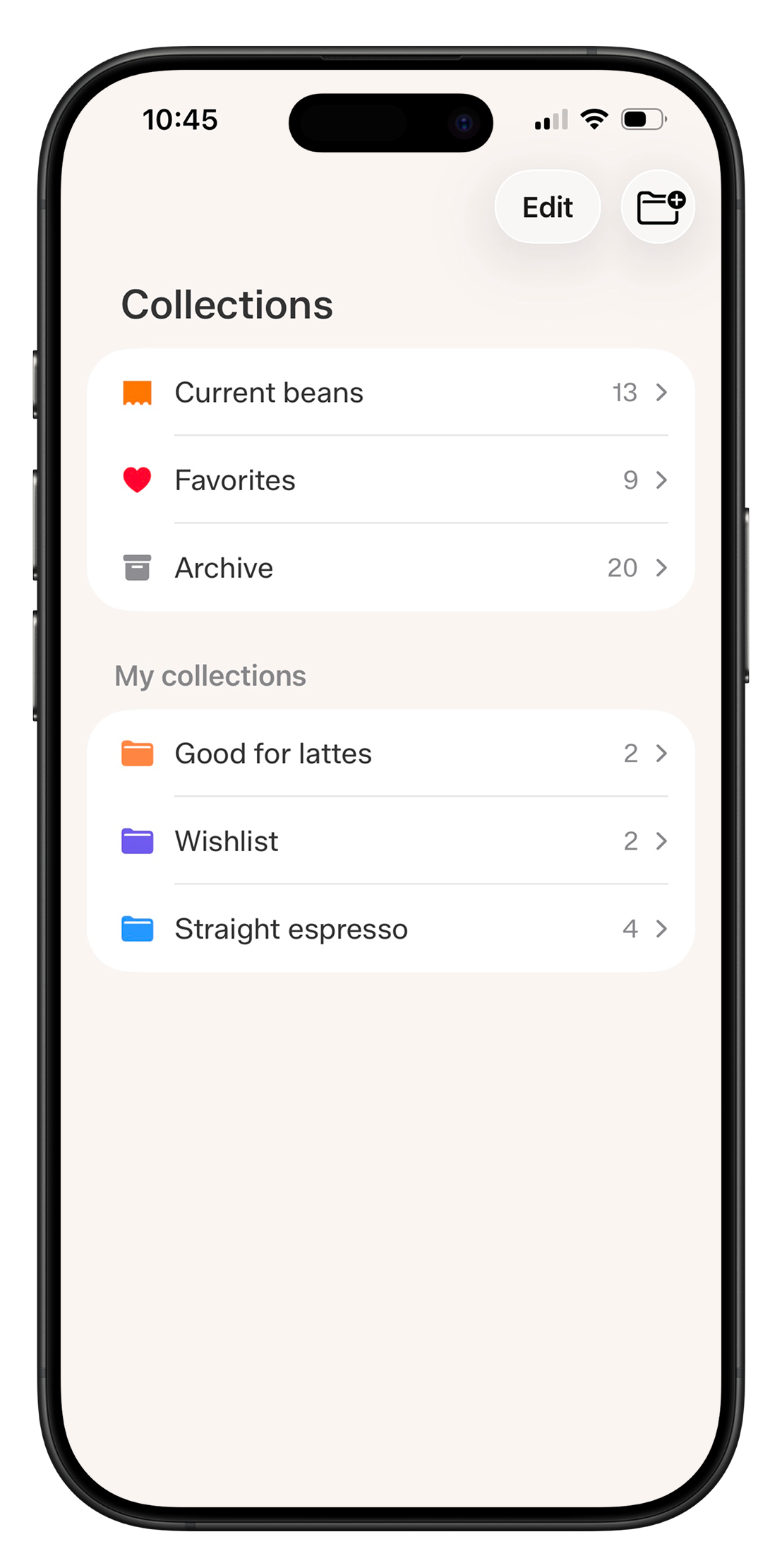 Collections screen with built-in and custom bean groups