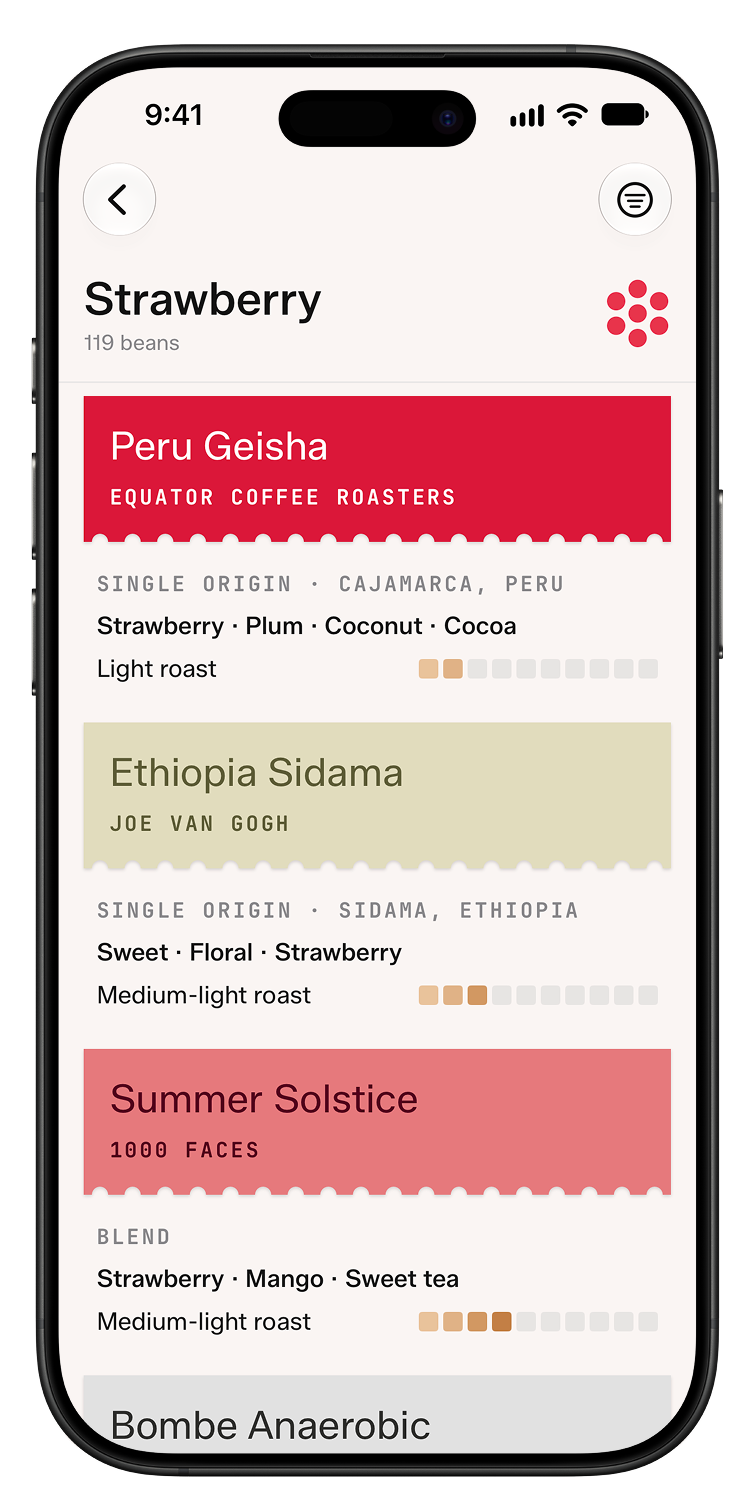 Strawberry tasting note screen listing 119 beans, including Peru Geisha by Equator Coffee Roasters and Ethiopia Sidama by Joe Van Gogh