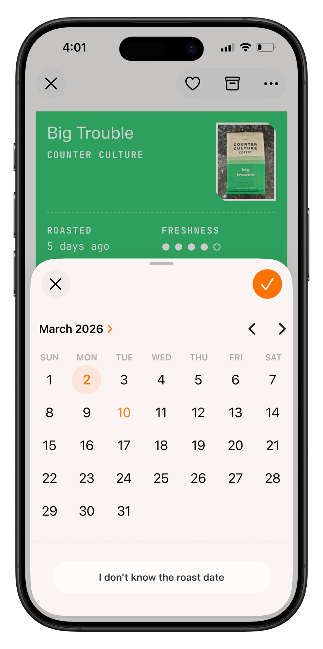 Freshness visualization showing roast age and peak window