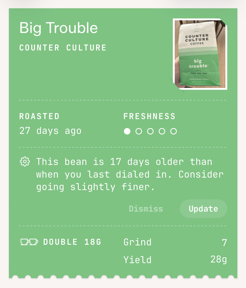Grind freshness nudge showing a suggestion to go slightly finer