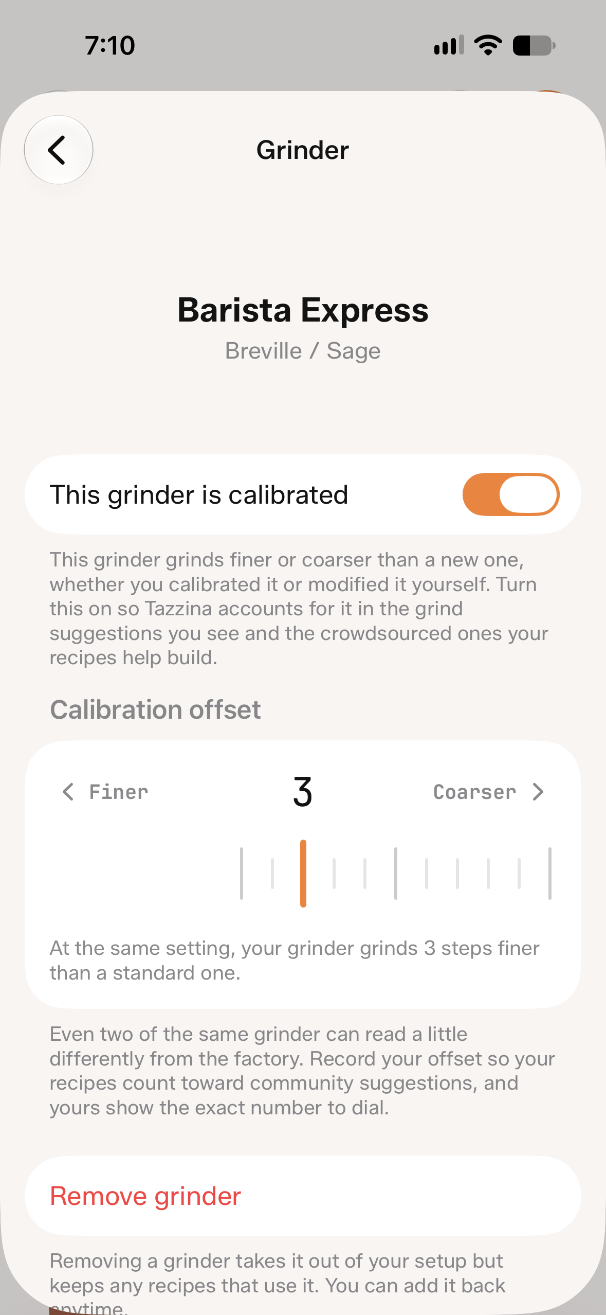 Grinder calibration screen for a Breville Barista Express with a Calibration offset ruler set to 3 steps finer