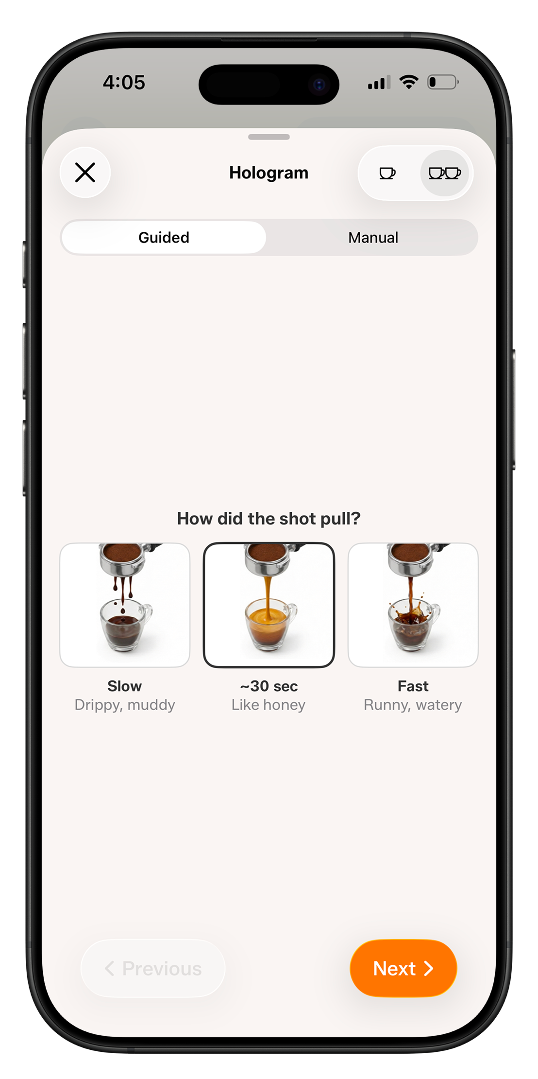 Guided mode step 1 — how did the shot pull