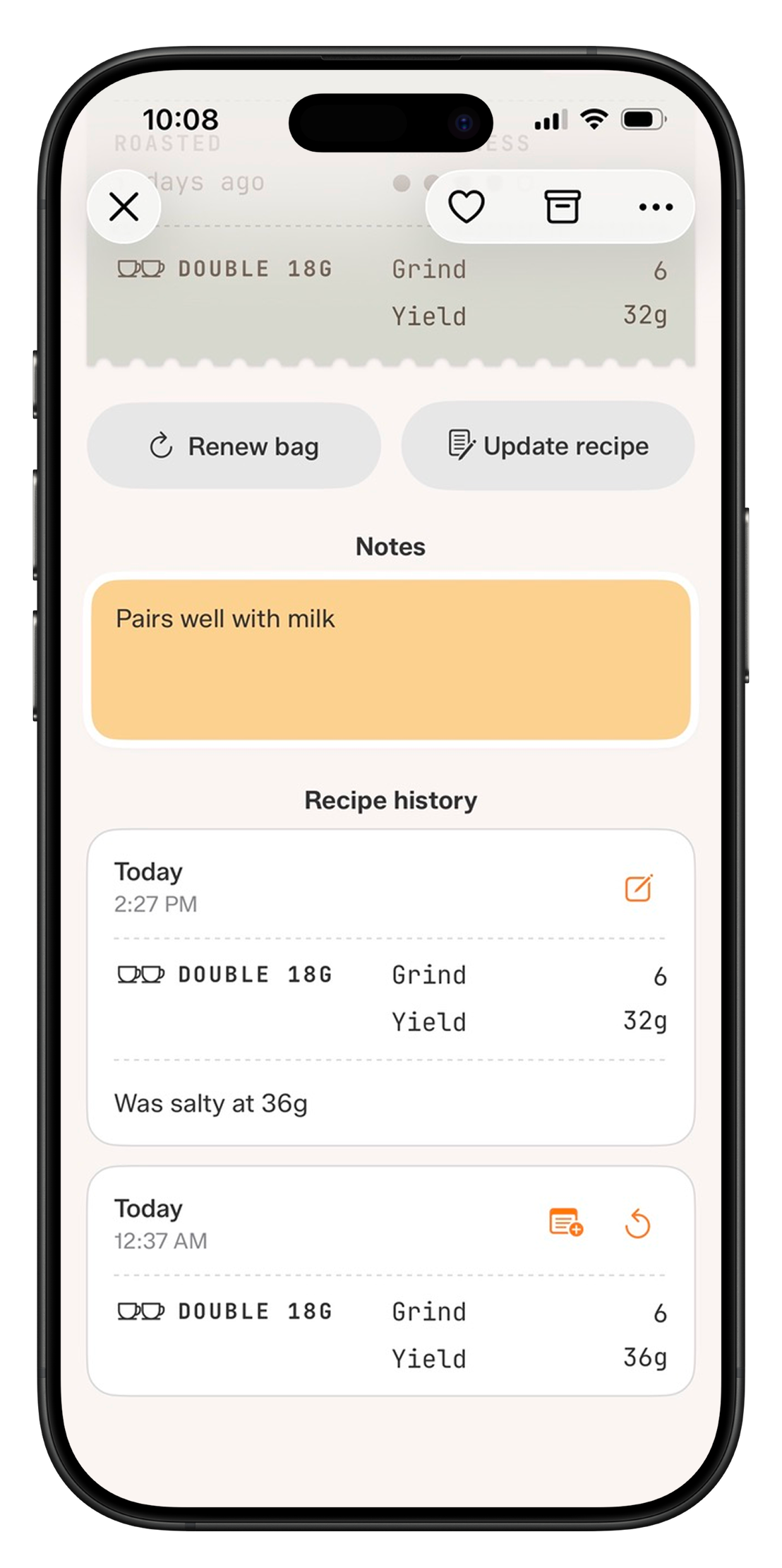 Bean detail showing recipe history with grind settings and tasting notes