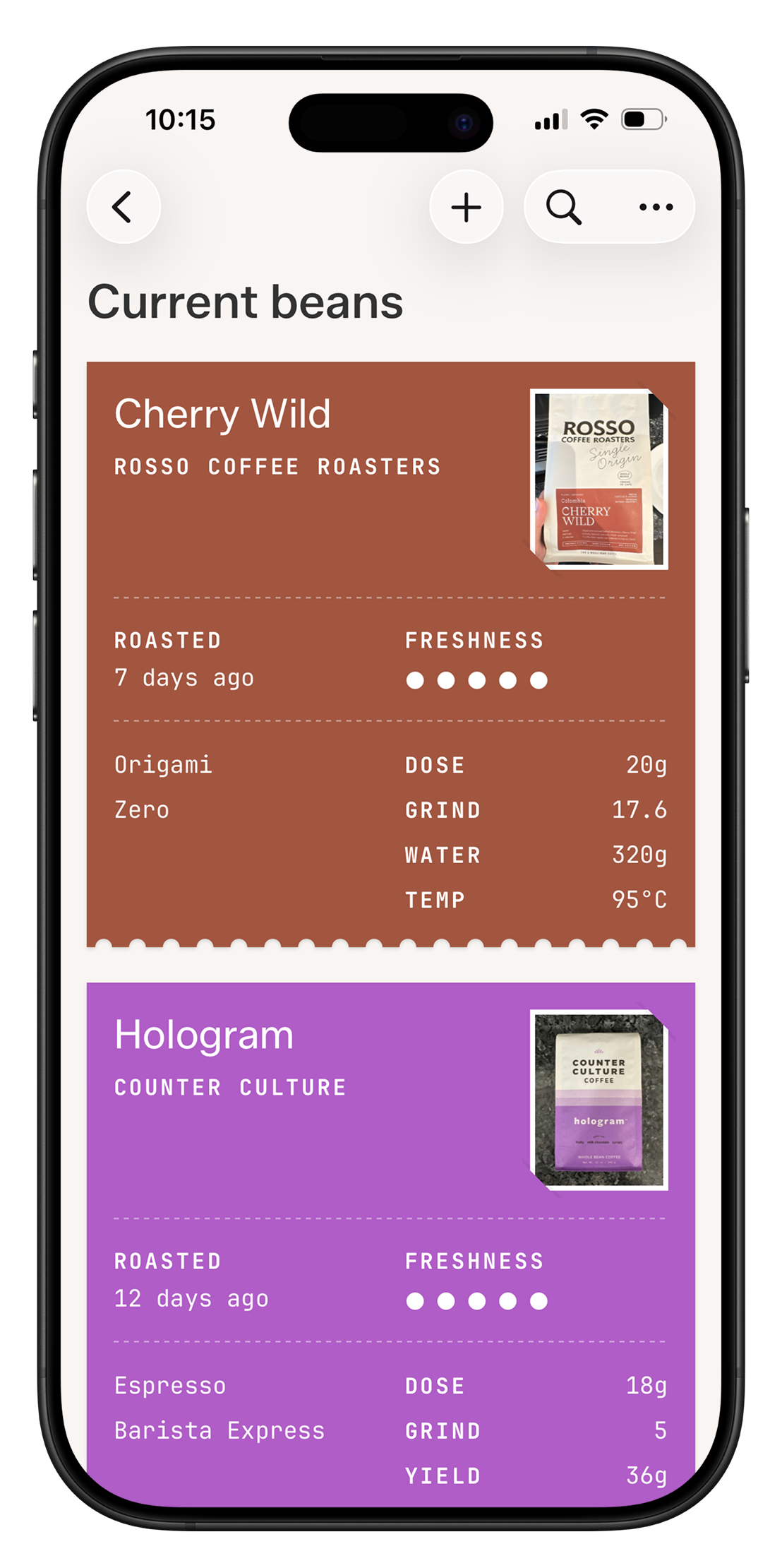 Current beans list showing saved coffees with roast date, freshness, and recipe