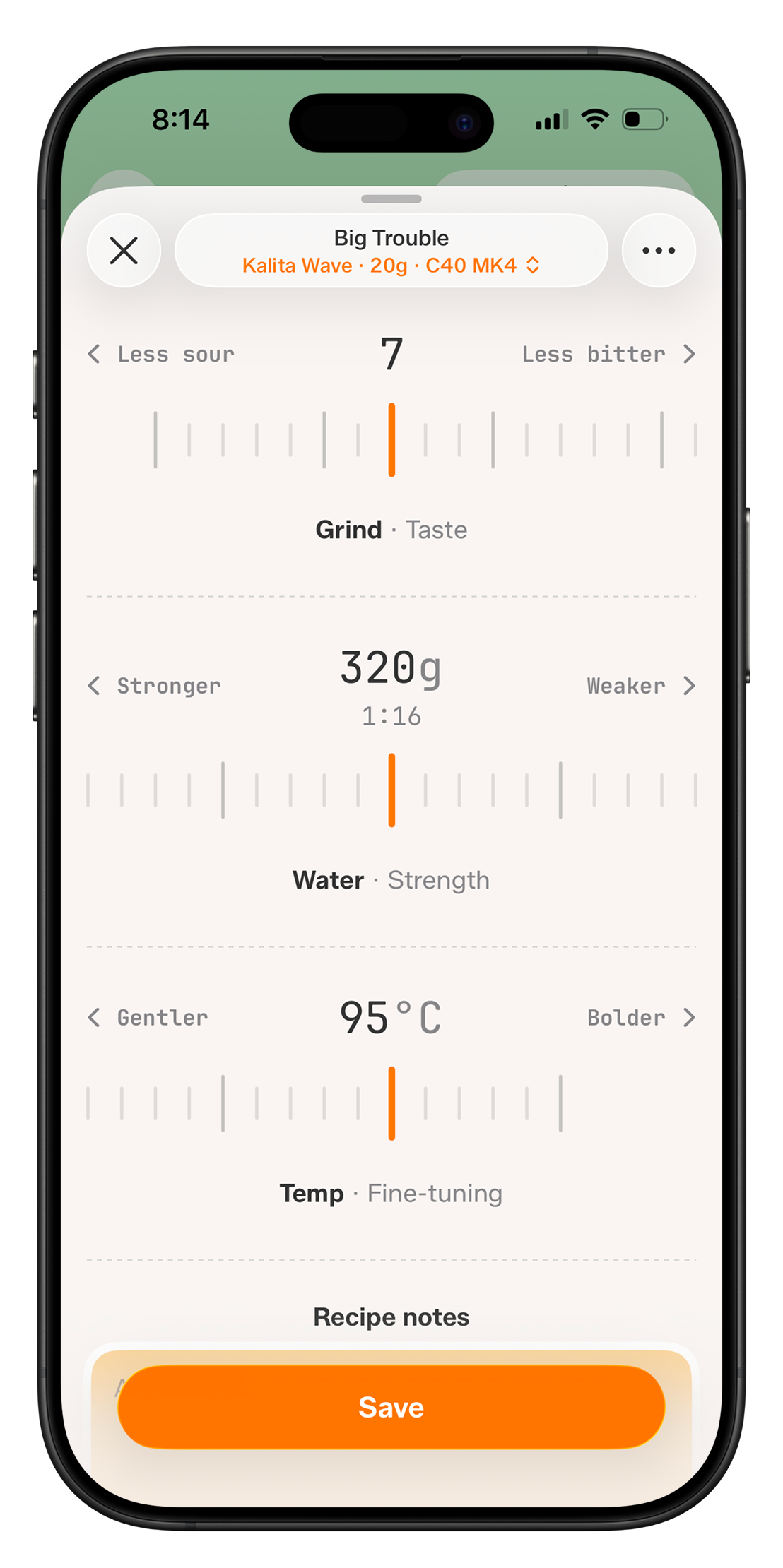 Manual dial-in with grind, water, and temperature fine-tuning sliders