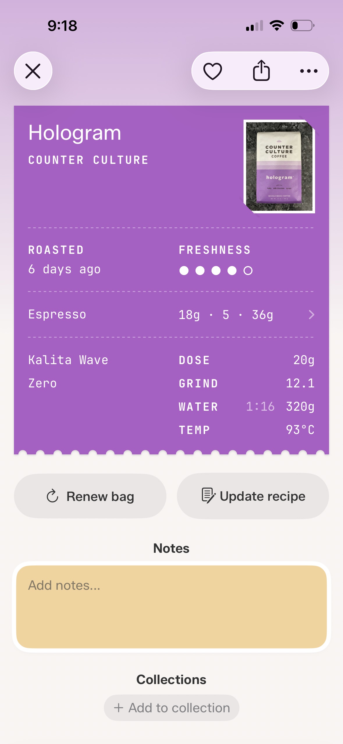 Bean detail showing an espresso recipe and a Kalita Wave pour-over recipe for the same coffee