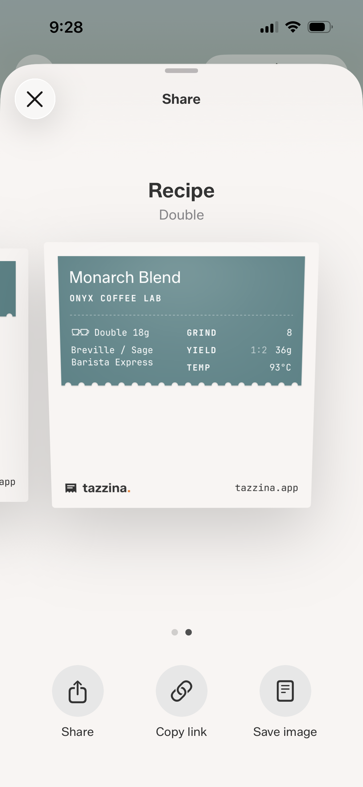 Recipe share card with options to copy a link or save the card as an image