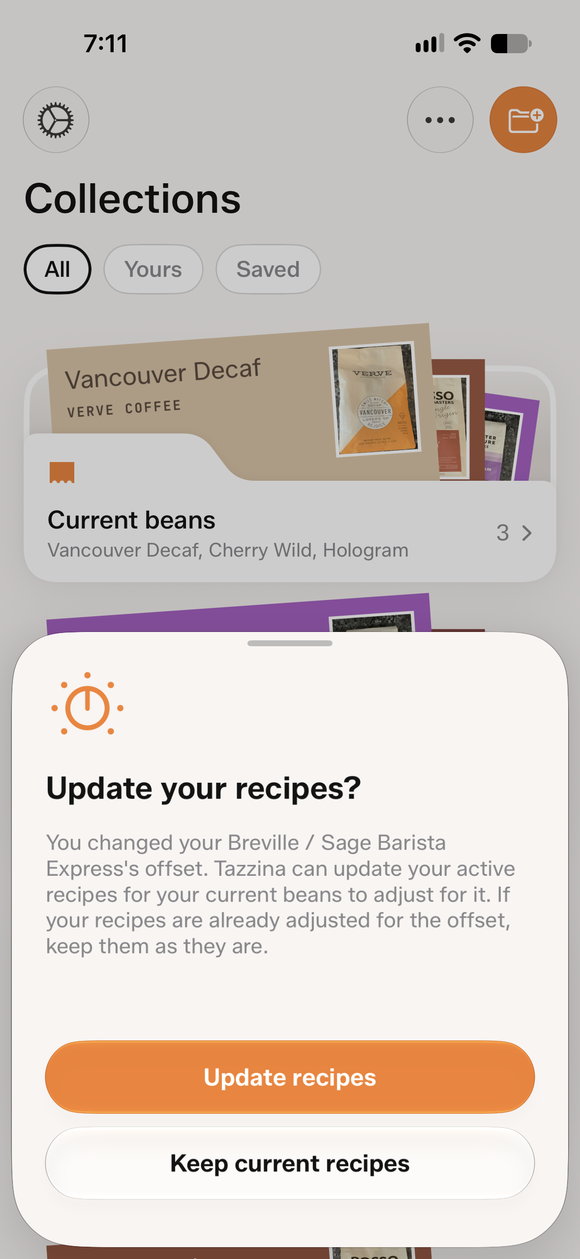 Update your recipes prompt offering to adjust active recipes after changing a grinder's offset