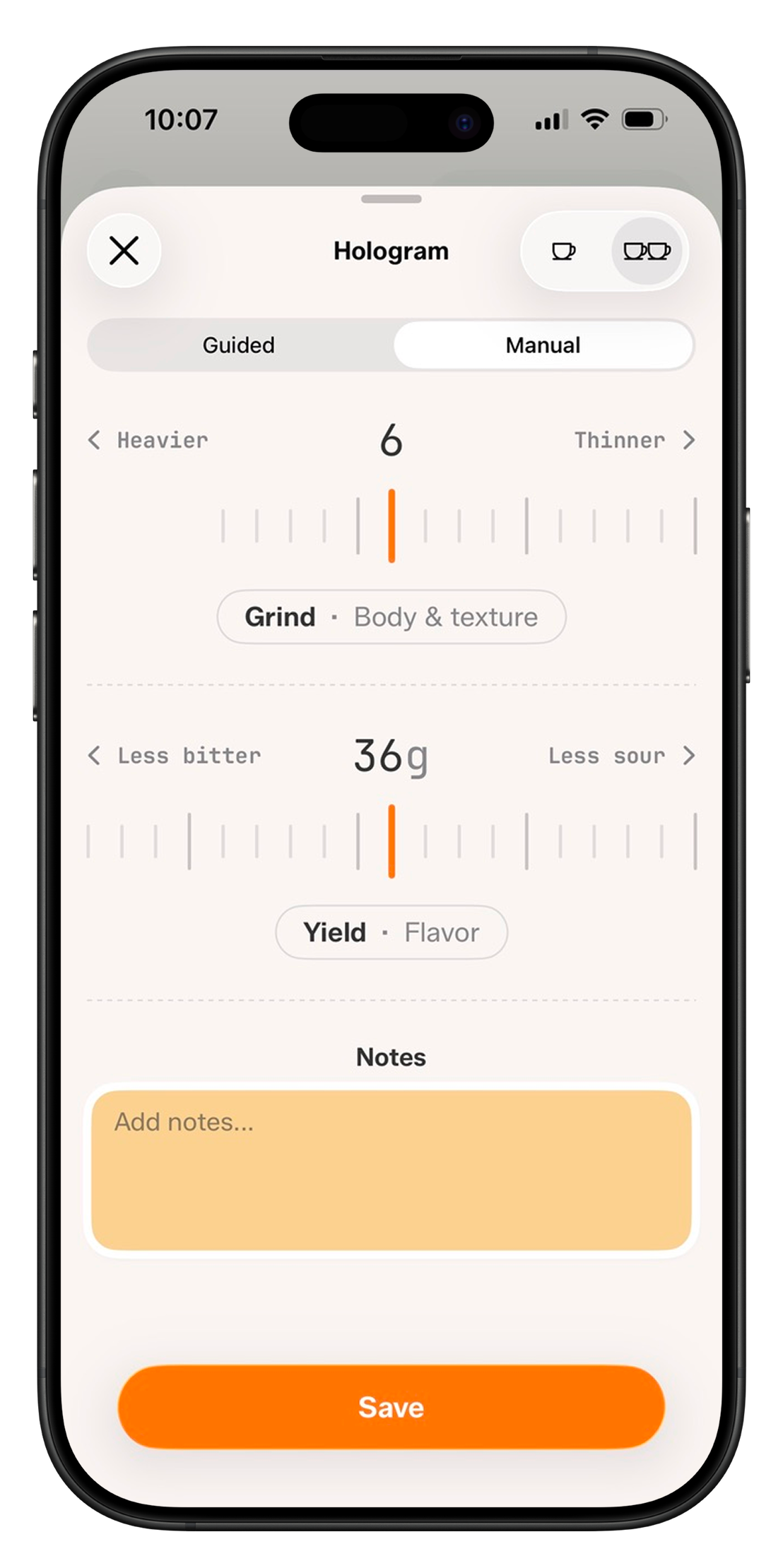 Recipe editor with grind and yield sliders