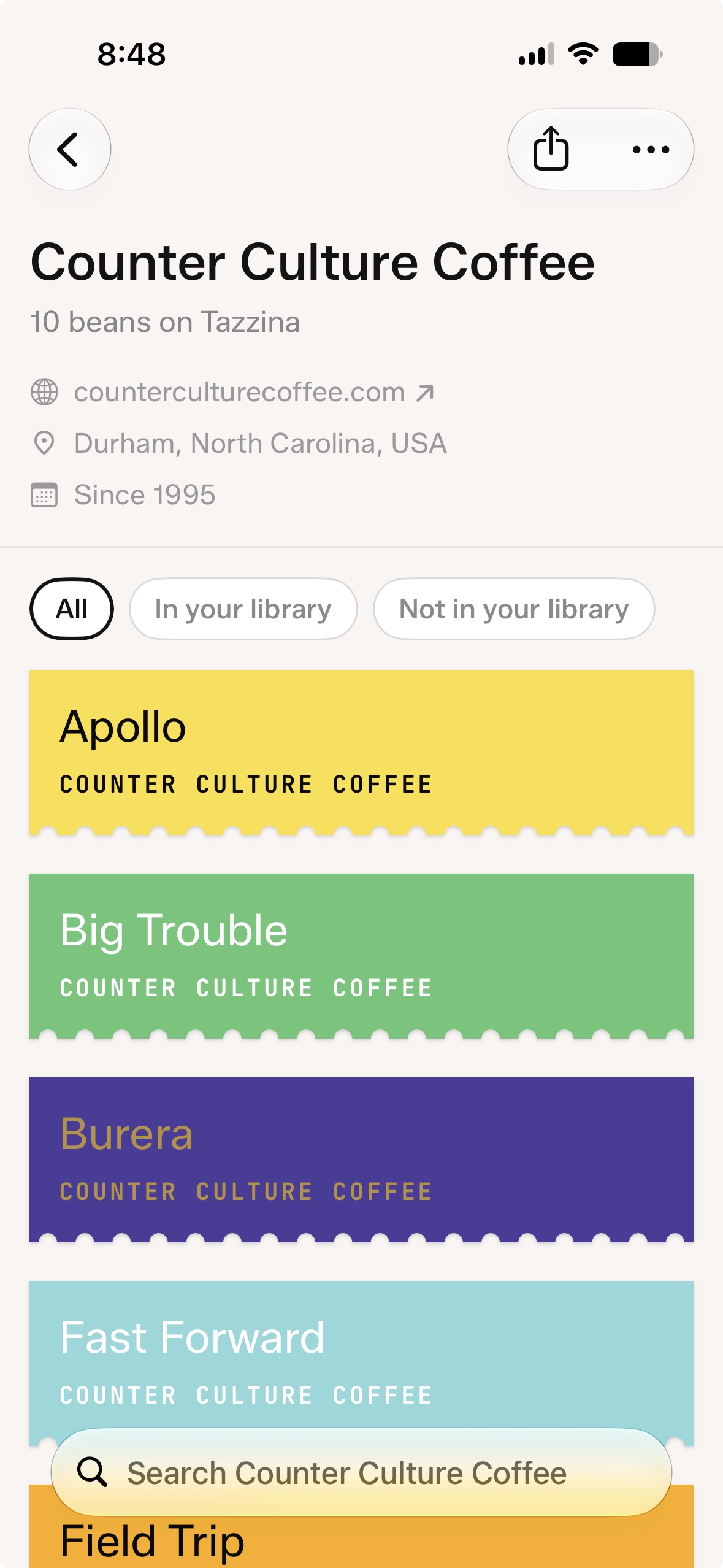 Roaster profile for Counter Culture Coffee showing its website, location, founding year, and its beans on Tazzina