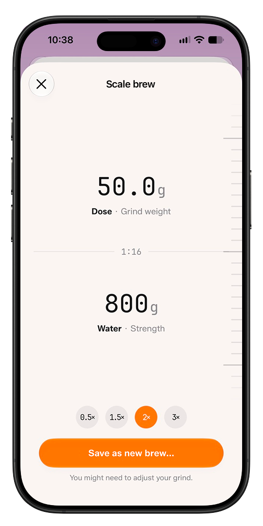 Scale recipe screen scaling a dose to 50 grams and 800 grams of water at a 1:16 ratio with a 2x multiplier