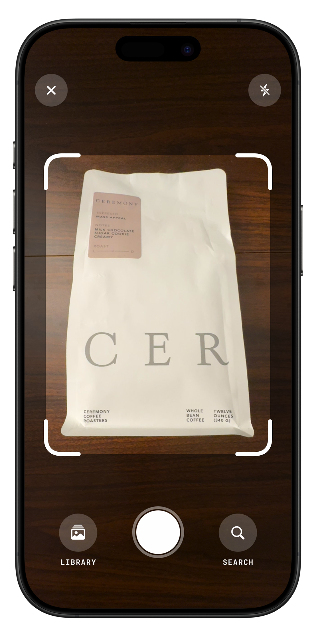 Camera view scanning a coffee bag