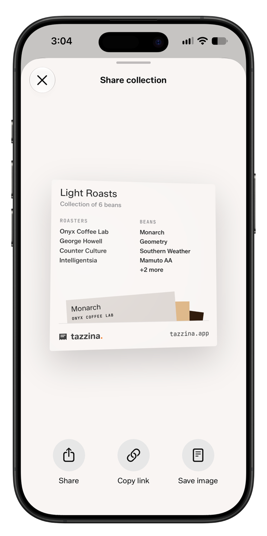 Share sheet for a Light Roasts collection of 6 beans, with Share, Copy link, and Save image buttons