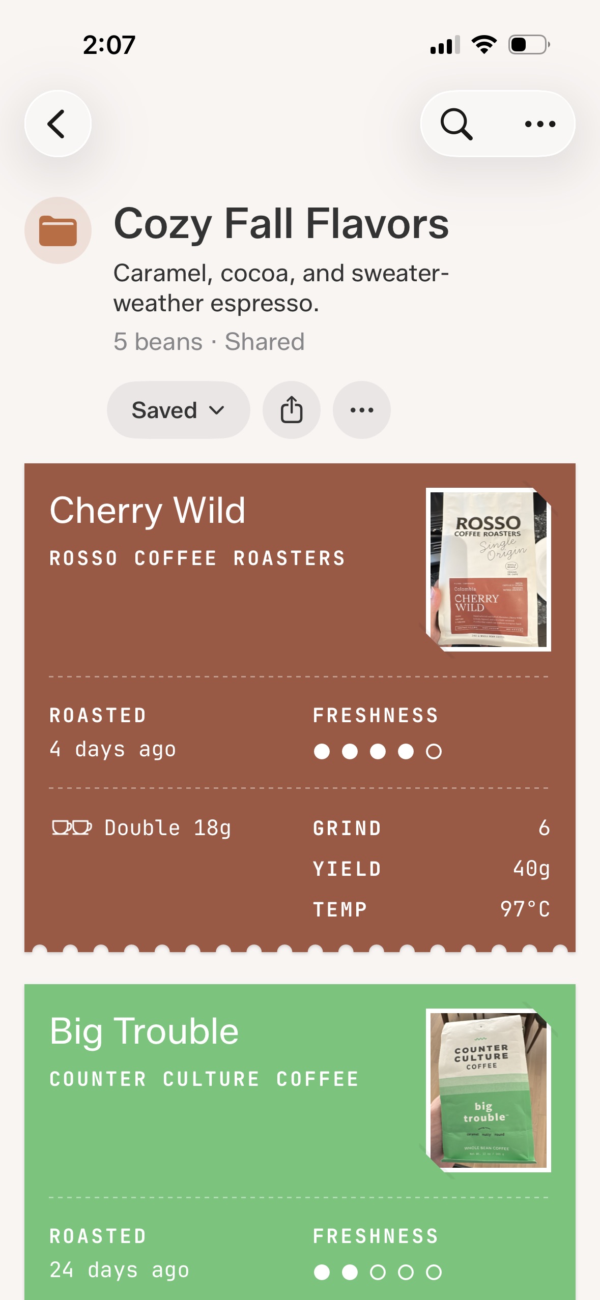 Shared collection detail showing saved state and coffee cards
