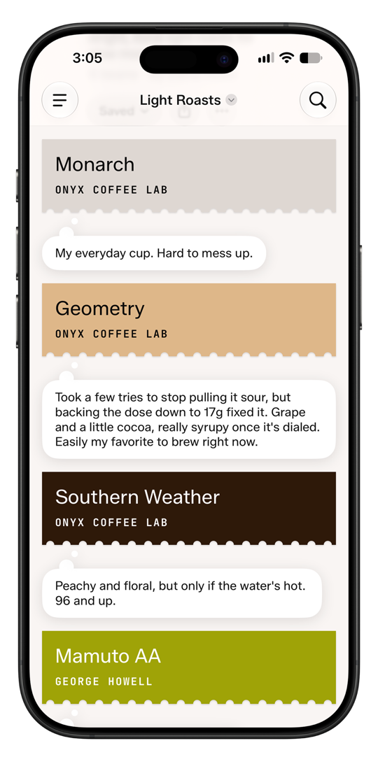 A shared Light Roasts collection saved into the app, listing beans like Monarch, Geometry, and Southern Weather, each with a personal tasting note