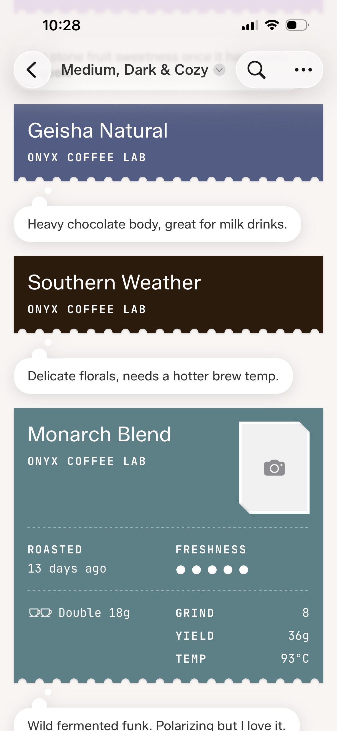 Shared collection showing bean notes between coffee cards