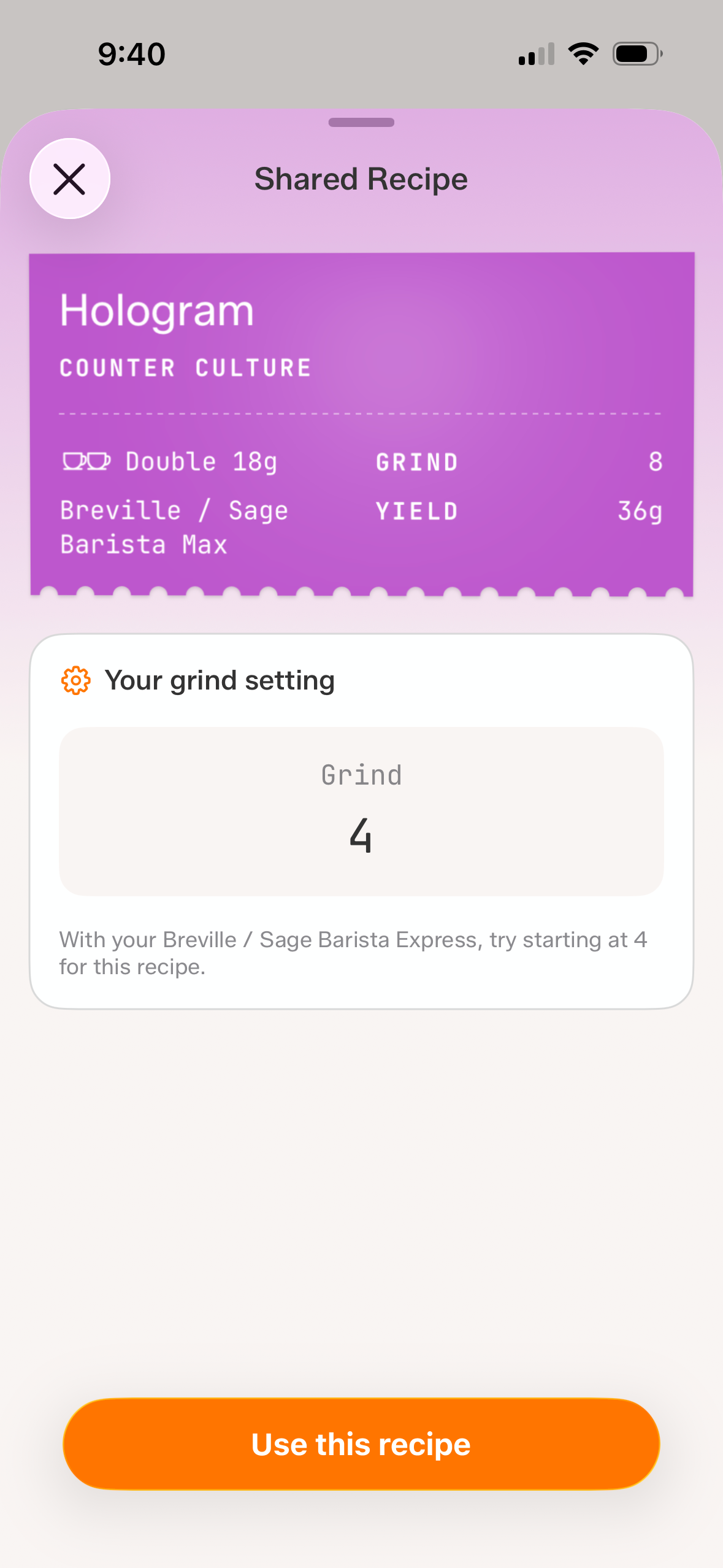 A shared recipe opening in Tazzina with the grind setting translated to the recipient's grinder