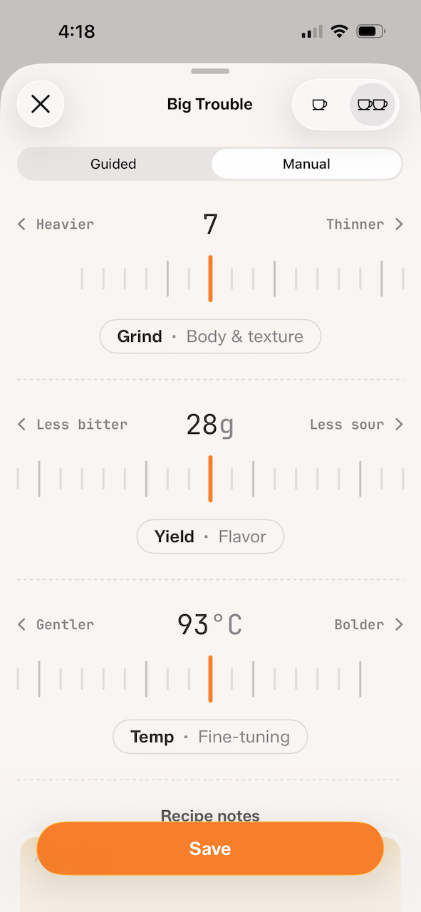 Manual dial-in with temperature slider