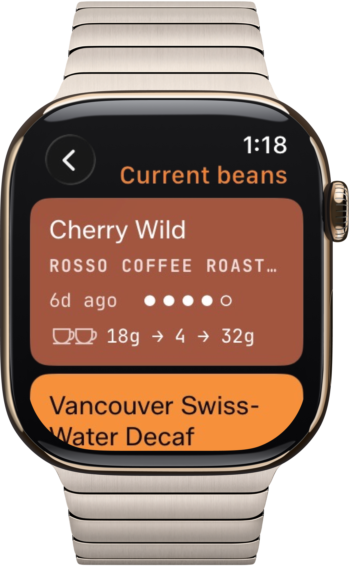 Apple Watch showing current beans list with Jam Jar and Caffe Del Sol