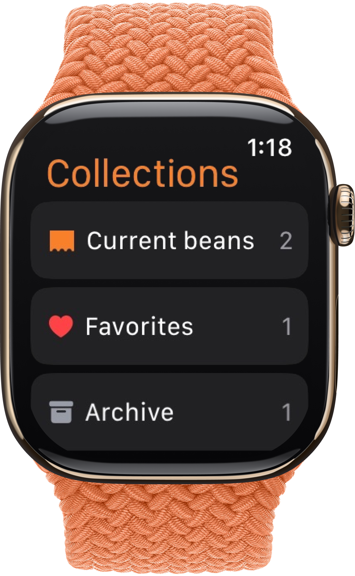 Apple Watch showing Collections screen with current beans, favorites and archive